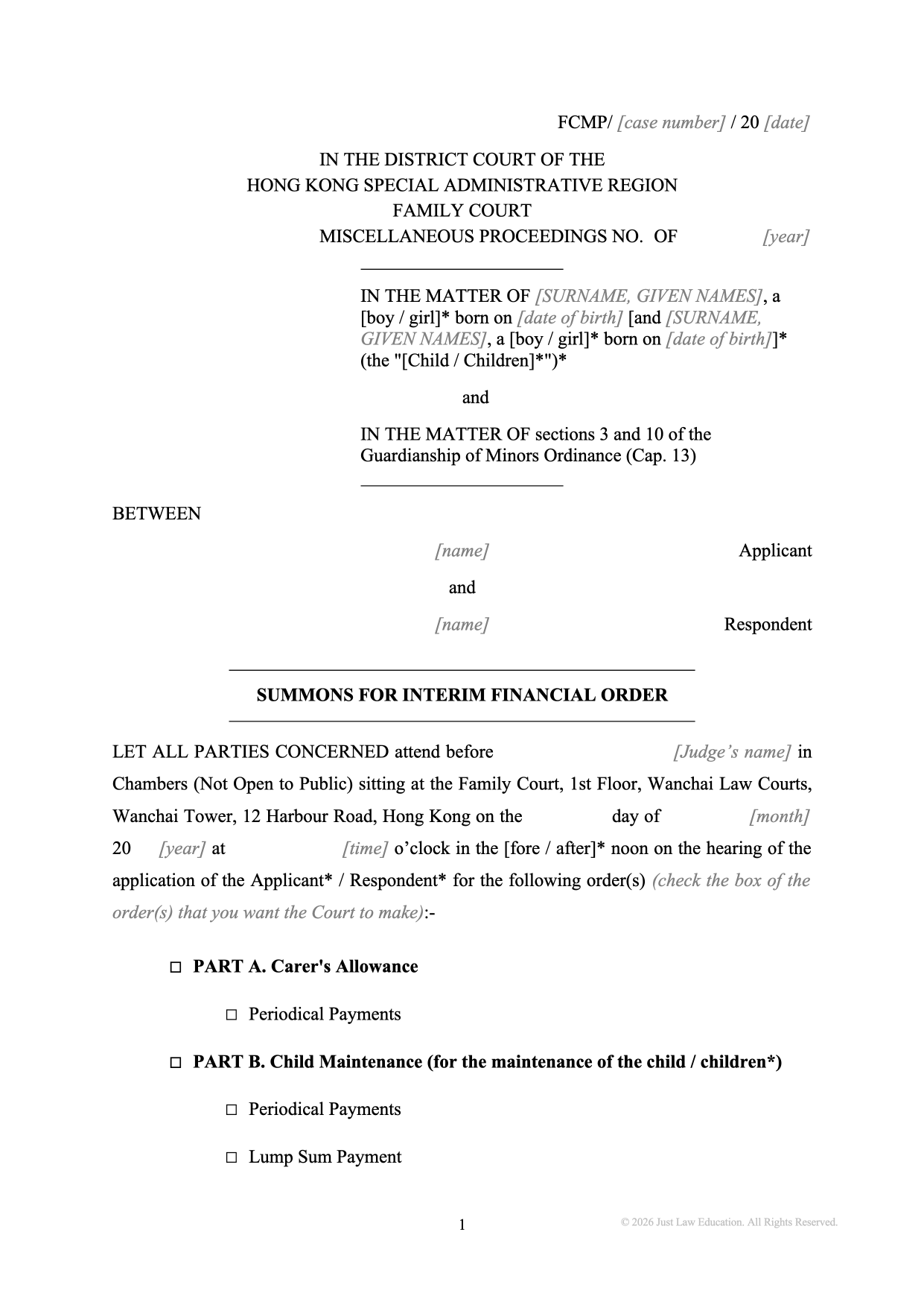 Form SUM-24: Summons — Interim Financial Order (Unmarried)