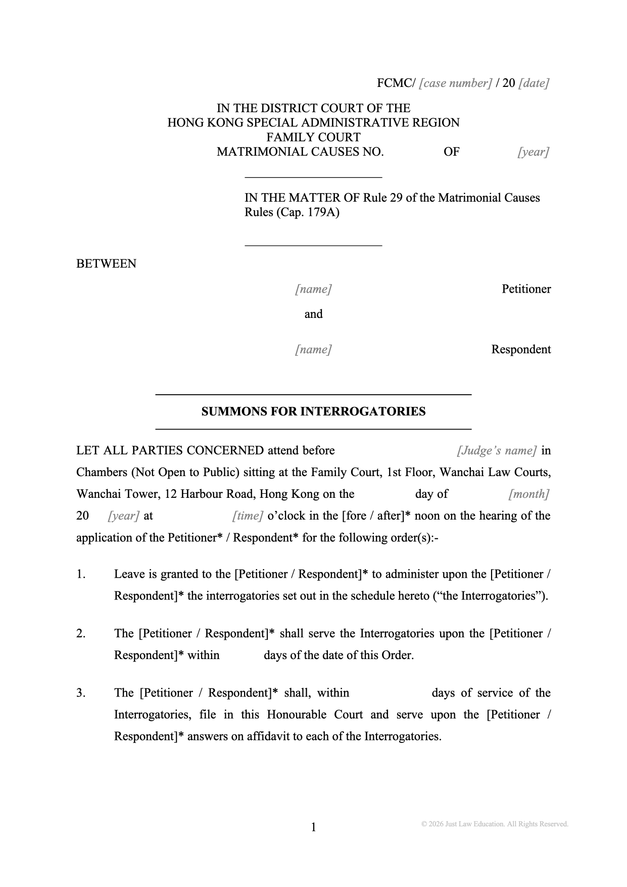 Form SUM-44: Summons — Interrogatories (Matrimonial)