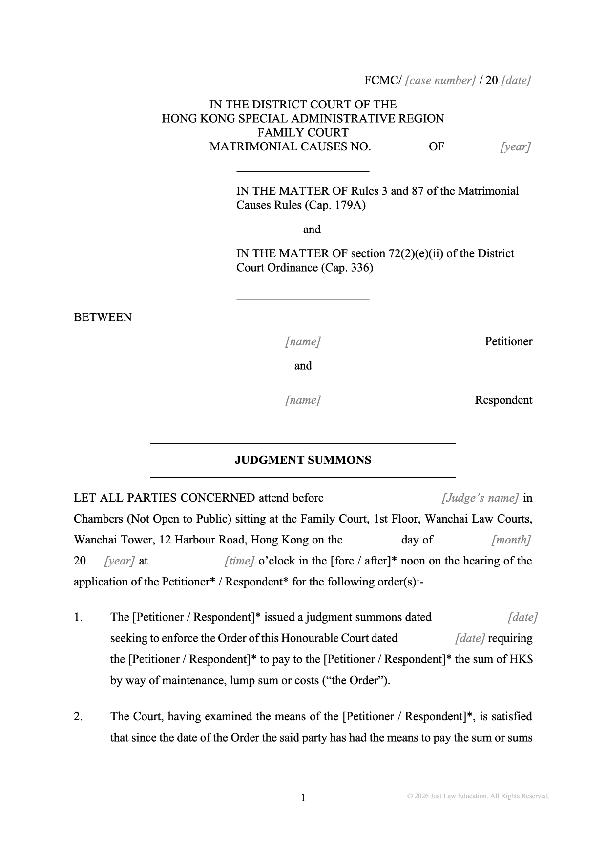 Form SUM-59: Summons — Judgment Summons (Committal) (Matrimonial)