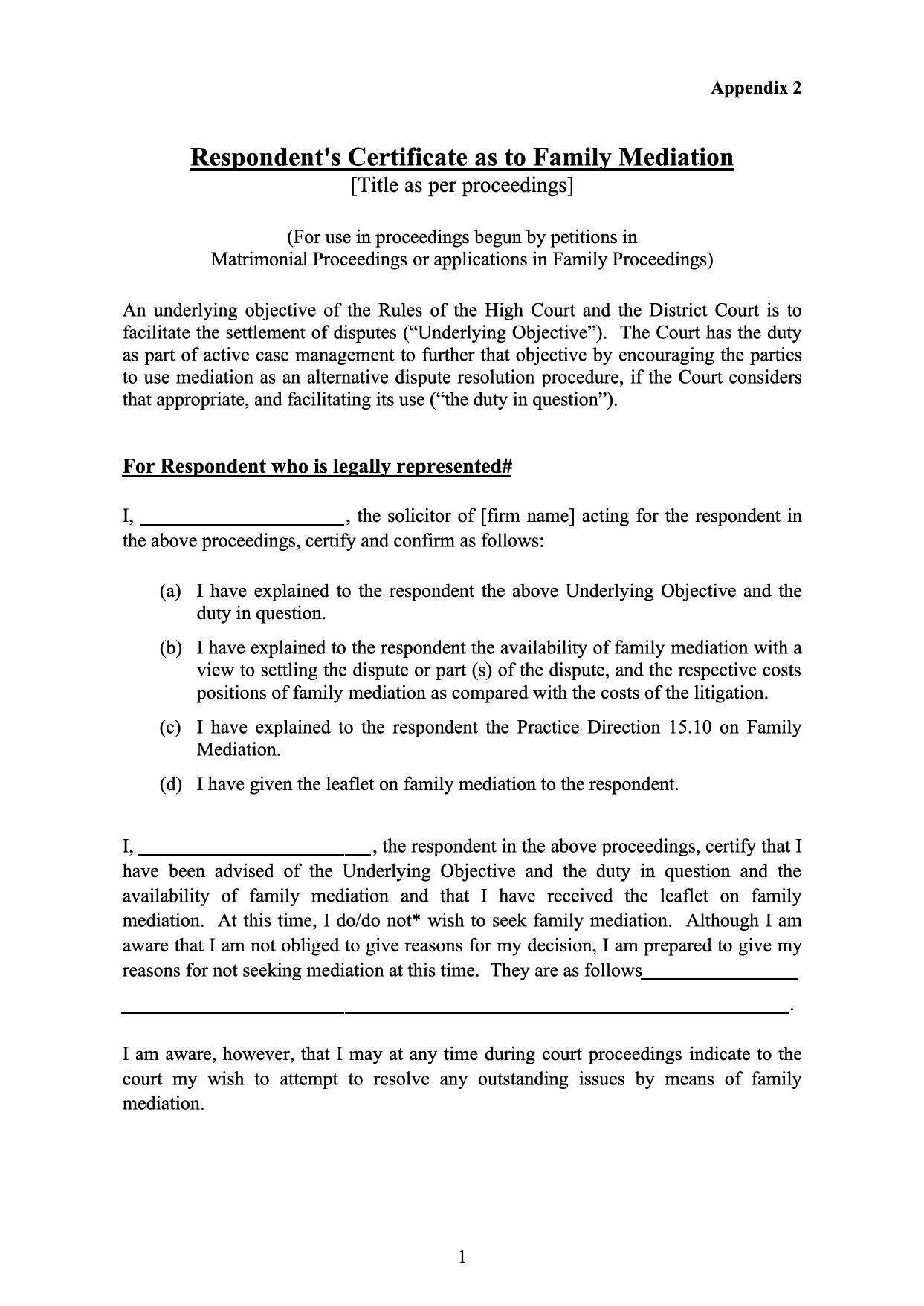 Form MED-02: Mediation Certificate for Respondent (Appendix 2)