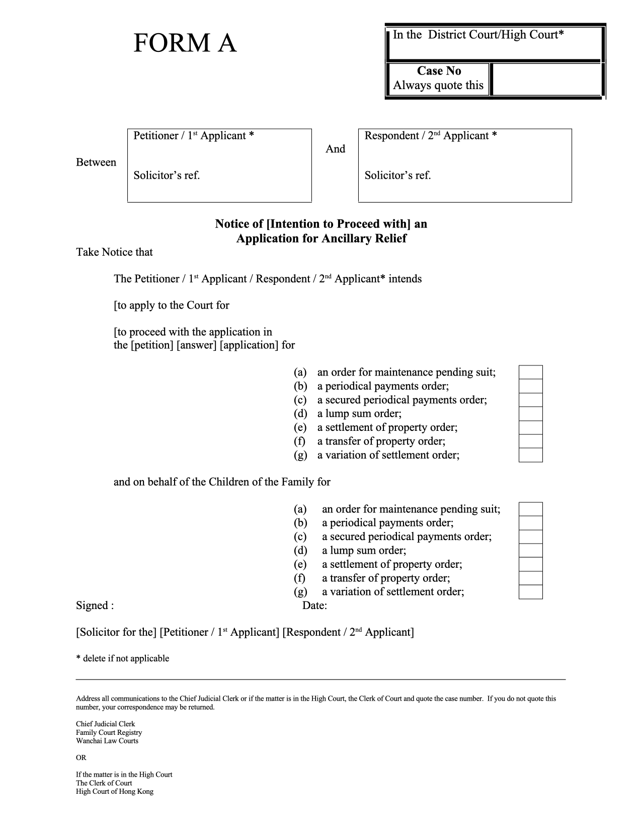 Form PD-A: Form A: Application for Financial Orders