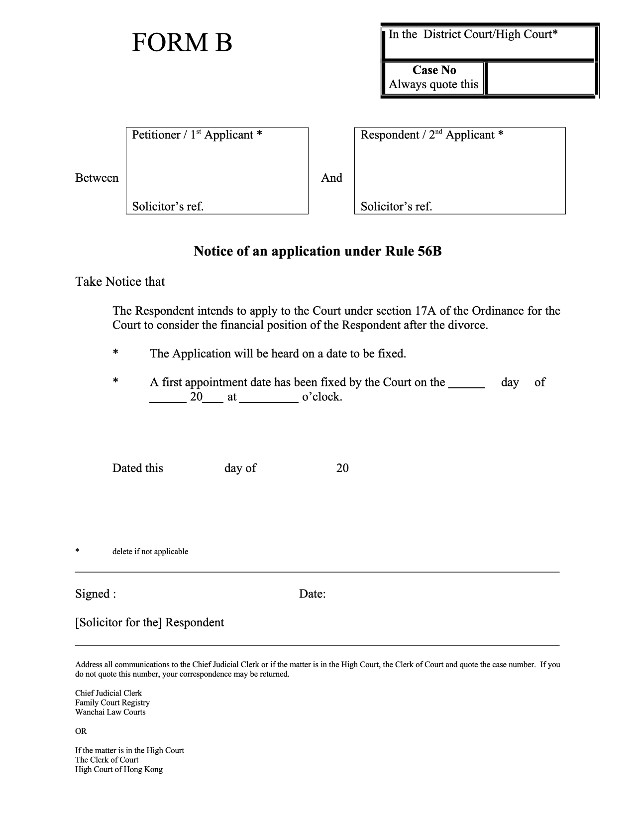 Form PD-B: Form B: Application to Consider Financial Position After Divorce