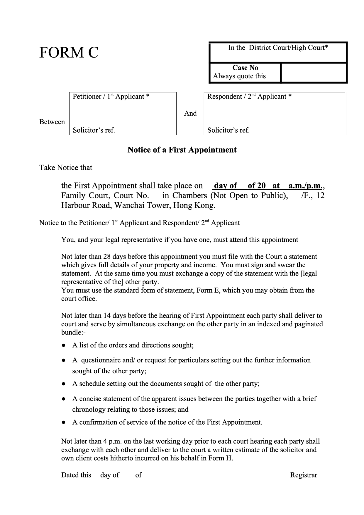 Form PD-C: Form C: Notice of First Directions Appointment