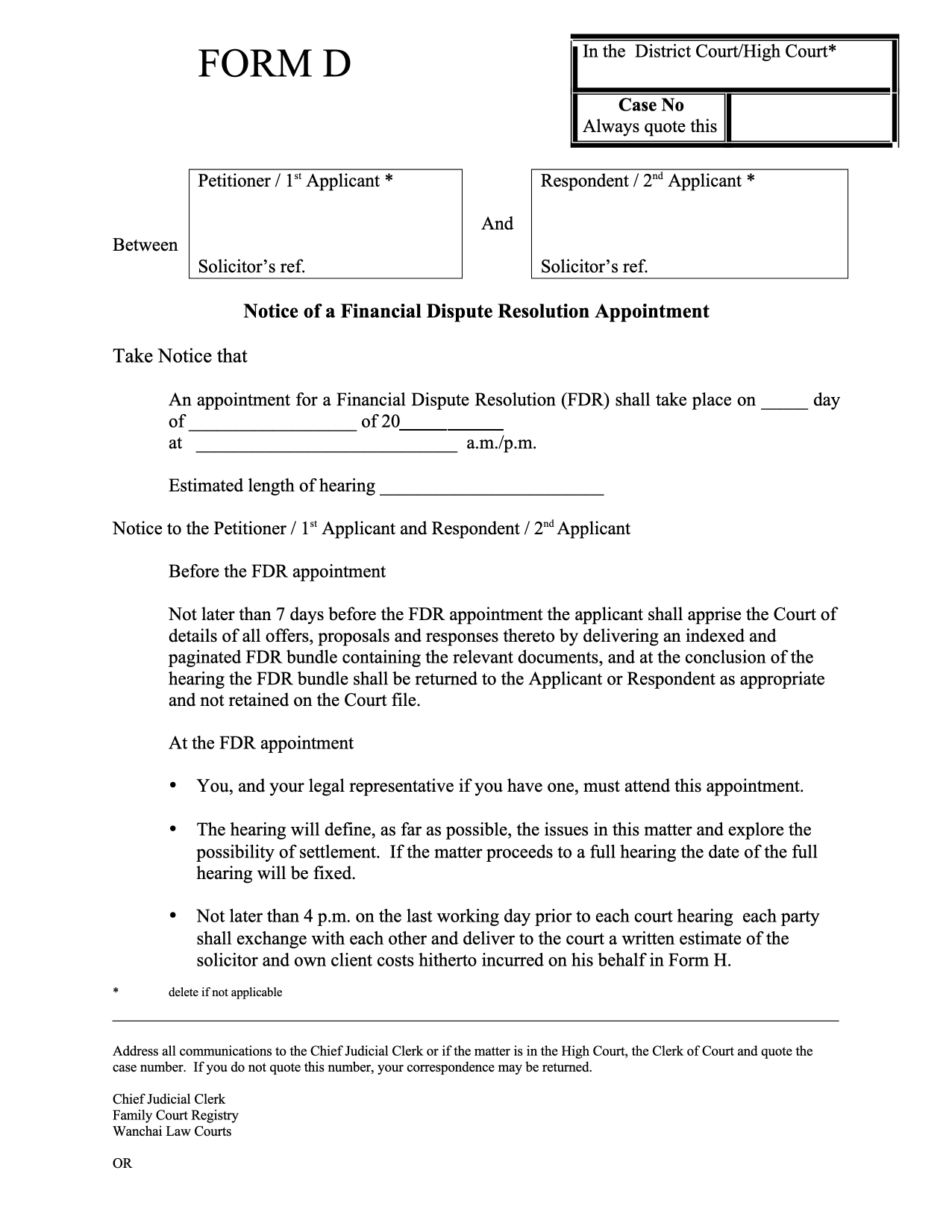 Form PD-D: Form D: Notice of Financial Dispute Resolution Hearing