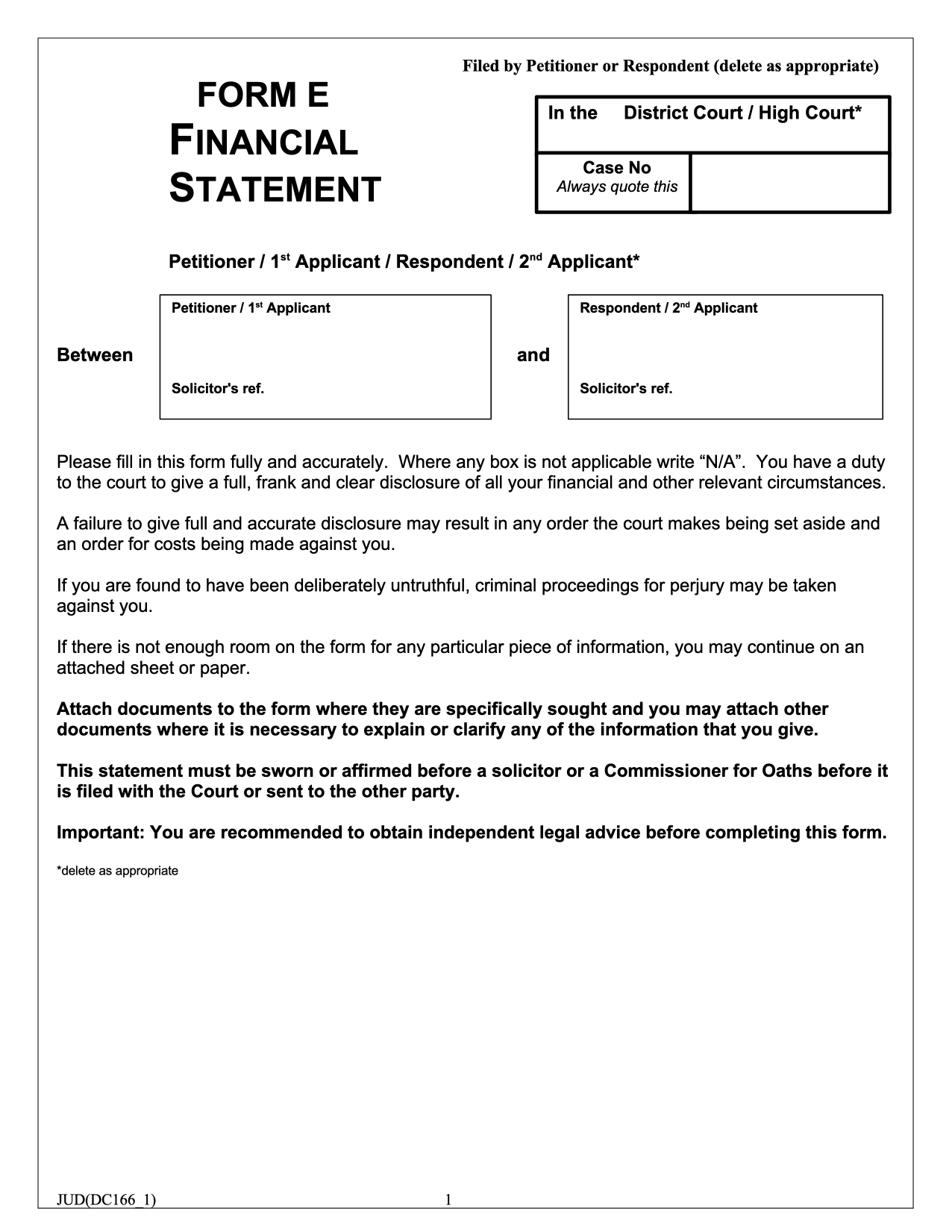 Form PD-E: Form E: Sworn Financial Statement