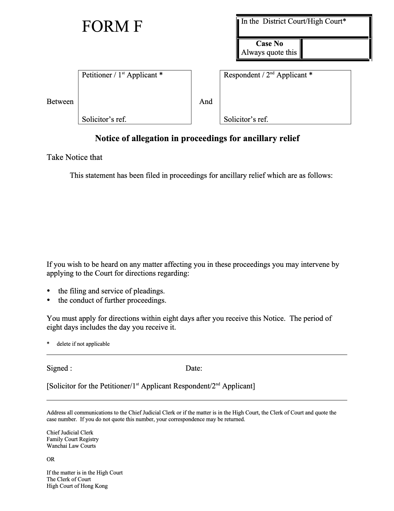 Form PD-F: Form F: Notice of Allegation in Financial Proceedings
