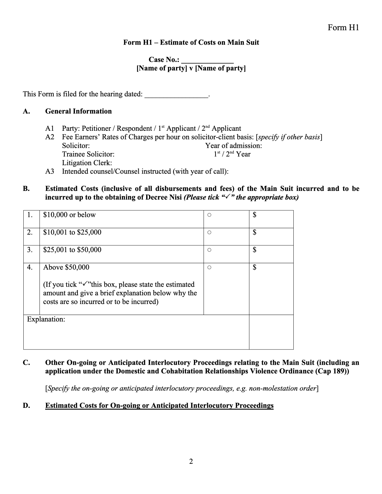 Form PD-H1: Form H1: Costs Estimate on Main Suit