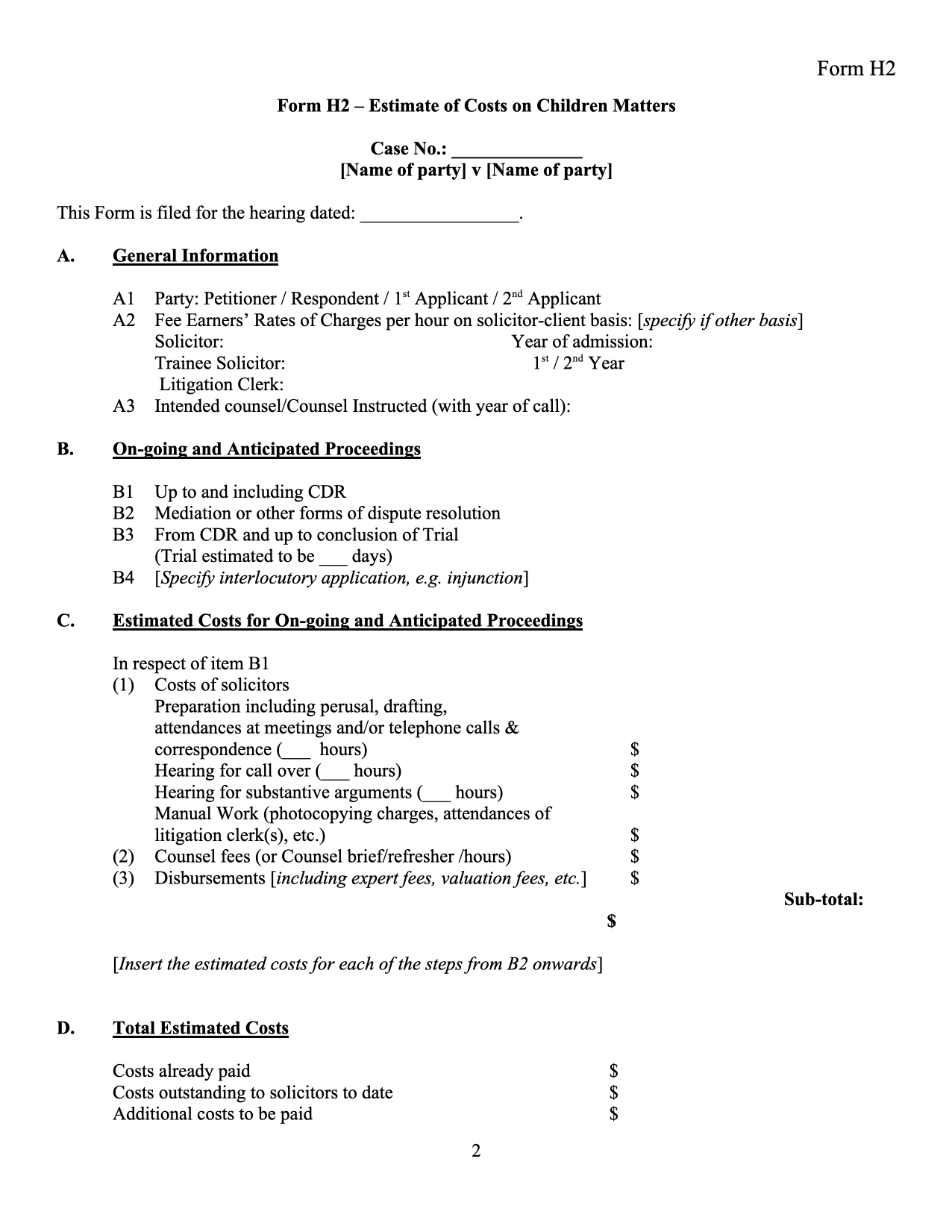 Form PD-H2: Form H2: Costs Estimate for Children's Hearings