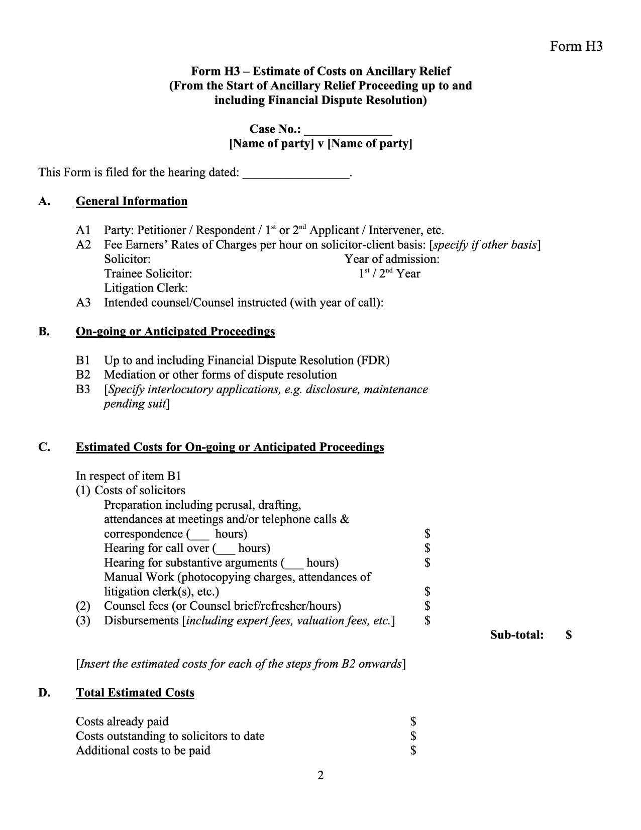 Form PD-H3: Form H3: Costs Estimate for Financial Hearings up to FDR