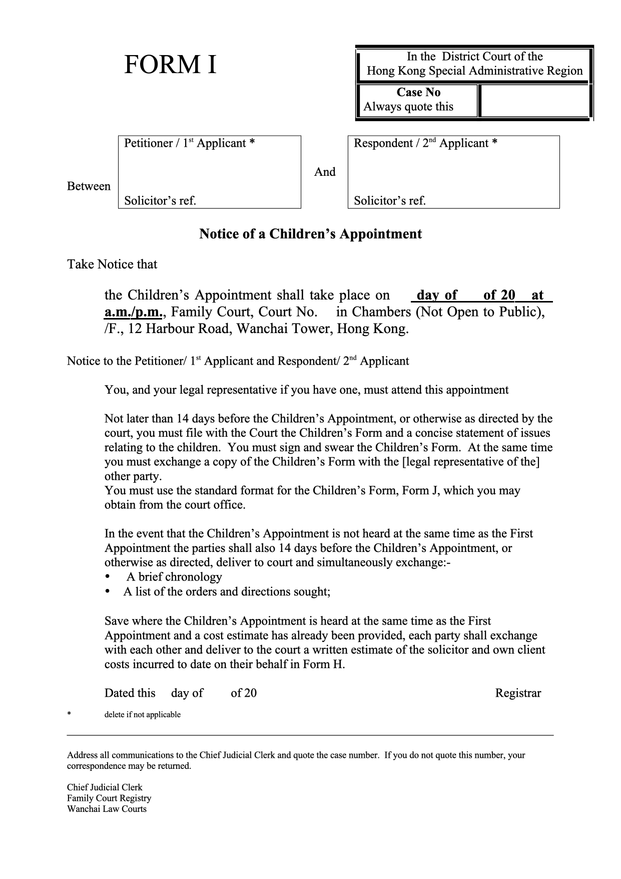 Form PD-I: Form I: Notice of Children's Appointment