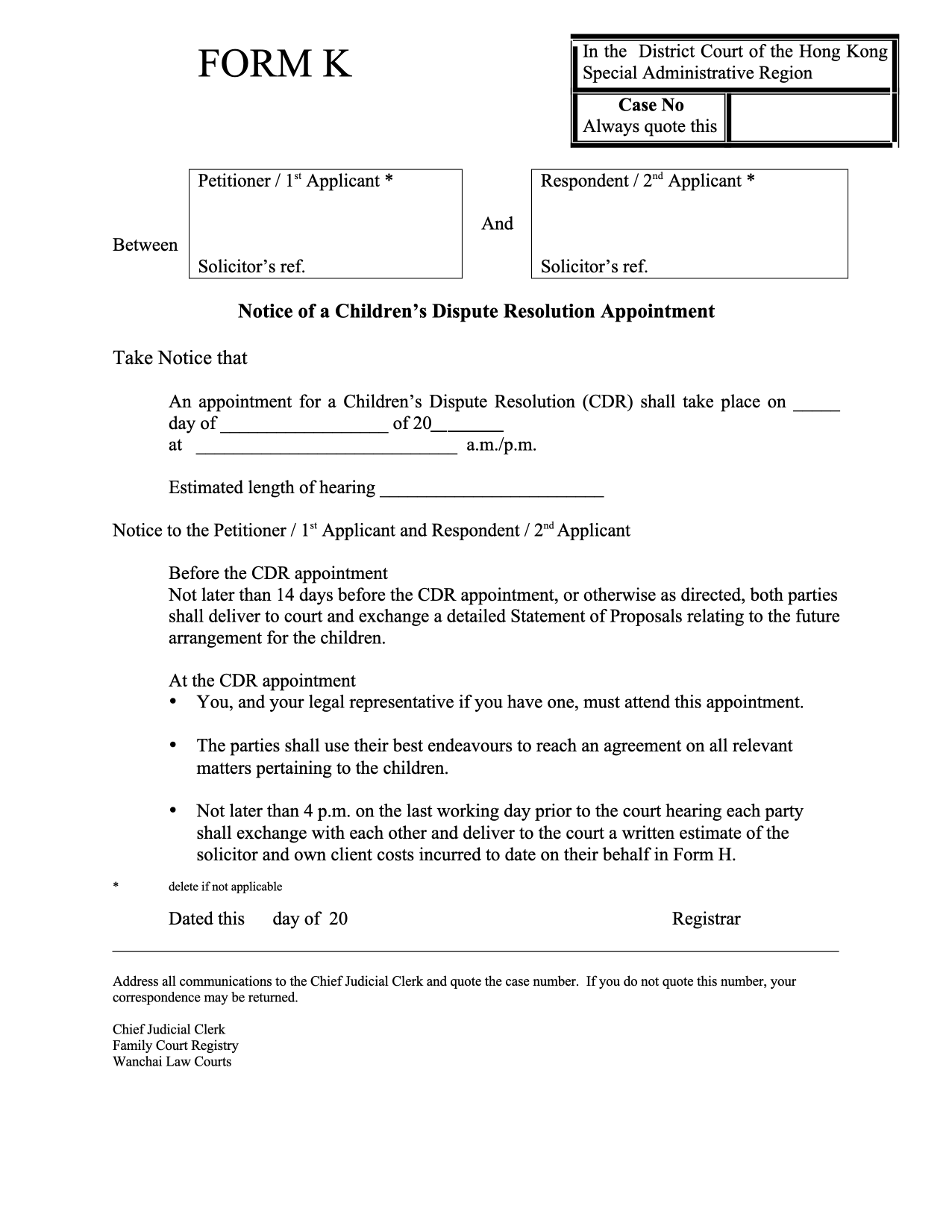 Form PD-K: Form K: Notice of Children's Dispute Resolution Hearing