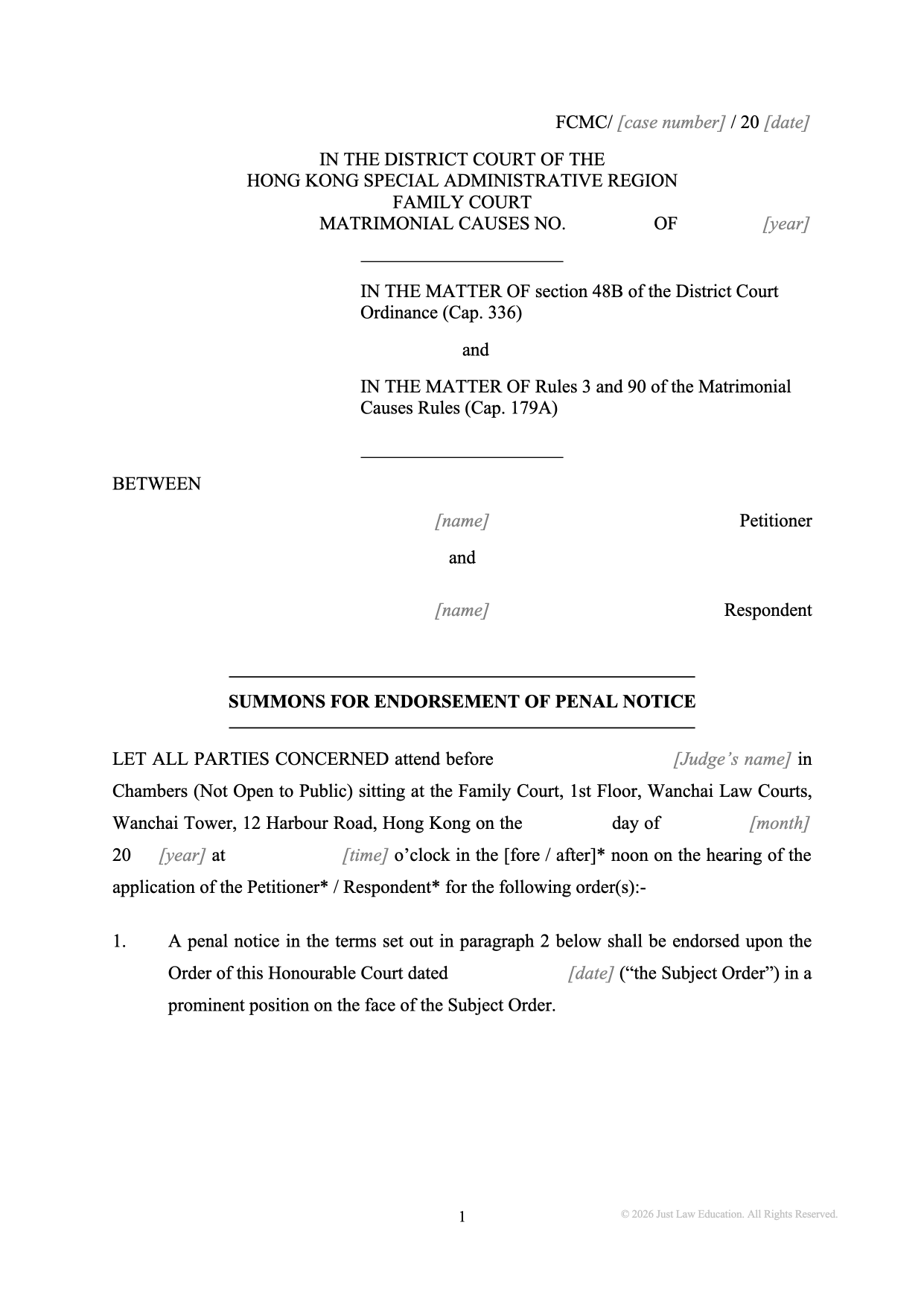 Form SUM-62: Summons — Penal Notice (Matrimonial)