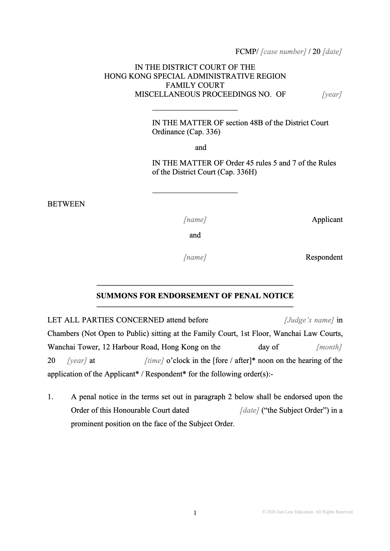 Form SUM-63: Summons — Penal Notice (Unmarried)