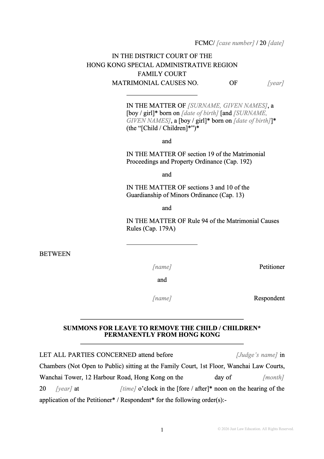 Form SUM-07: Summons — Permission to Remove a Child Permanently (Matrimonial)