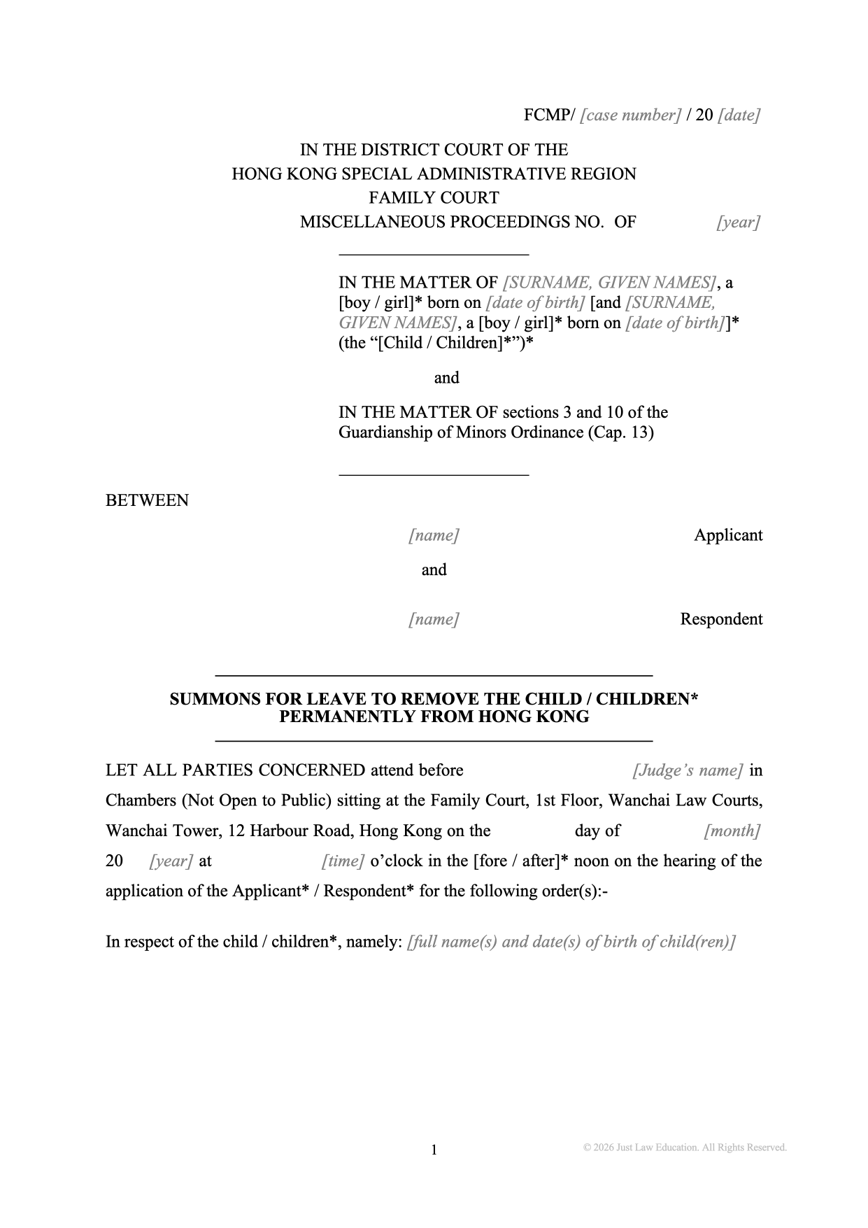 Form SUM-08: Summons — Permission to Remove a Child Permanently (Unmarried)