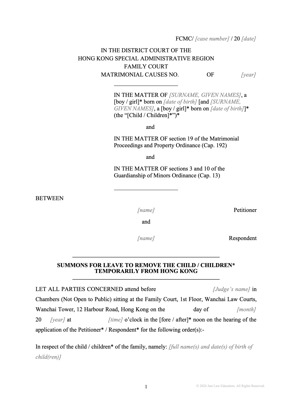Form SUM-09: Summons — Permission to Remove a Child Temporarily (Matrimonial)