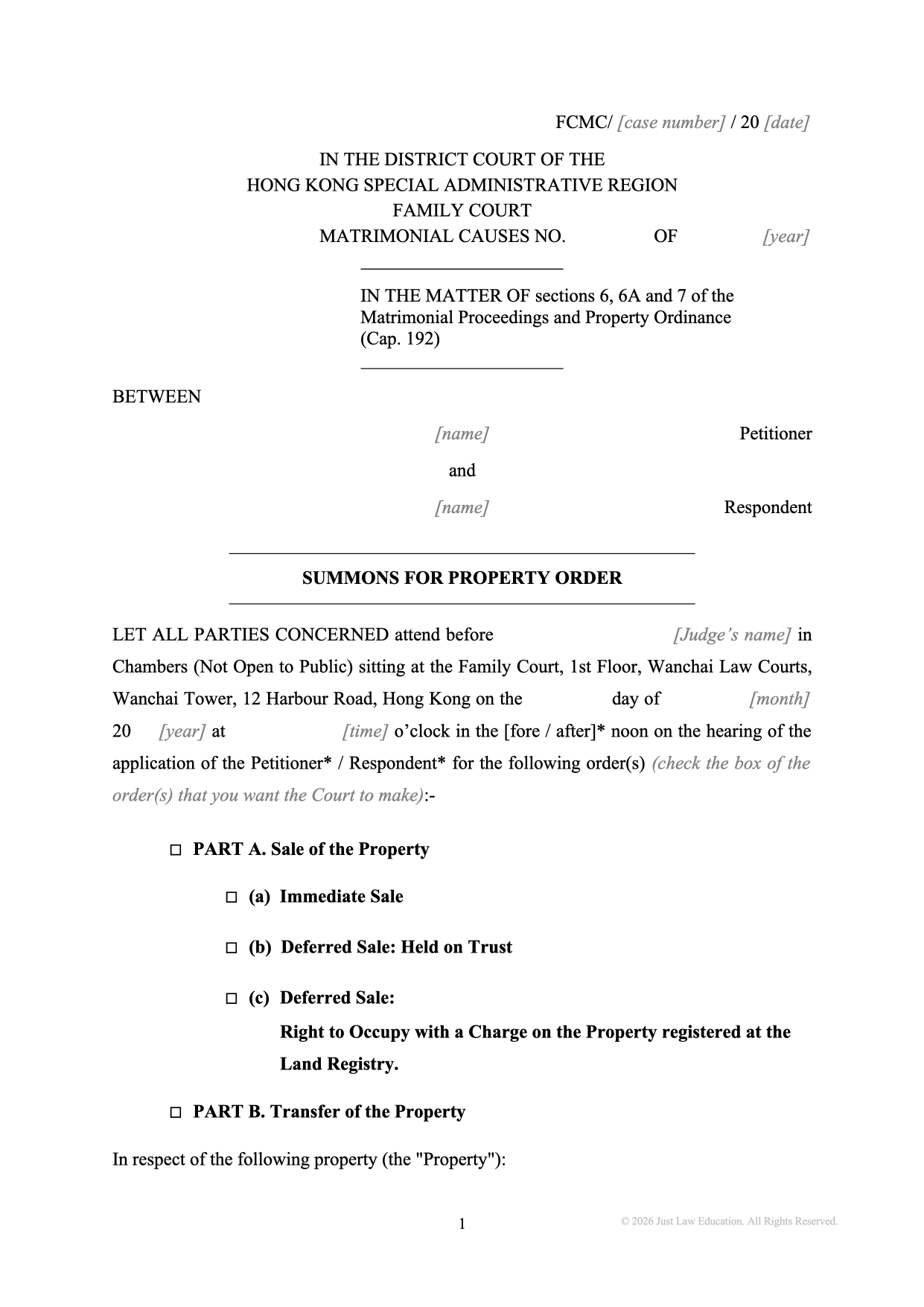 Form SUM-30: Summons — Property Order (Matrimonial)
