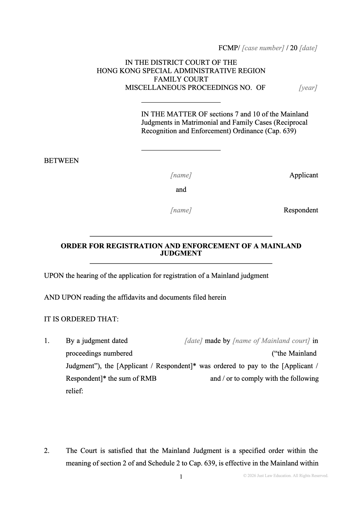 Form DO-90: Registration of a Mainland Judgment