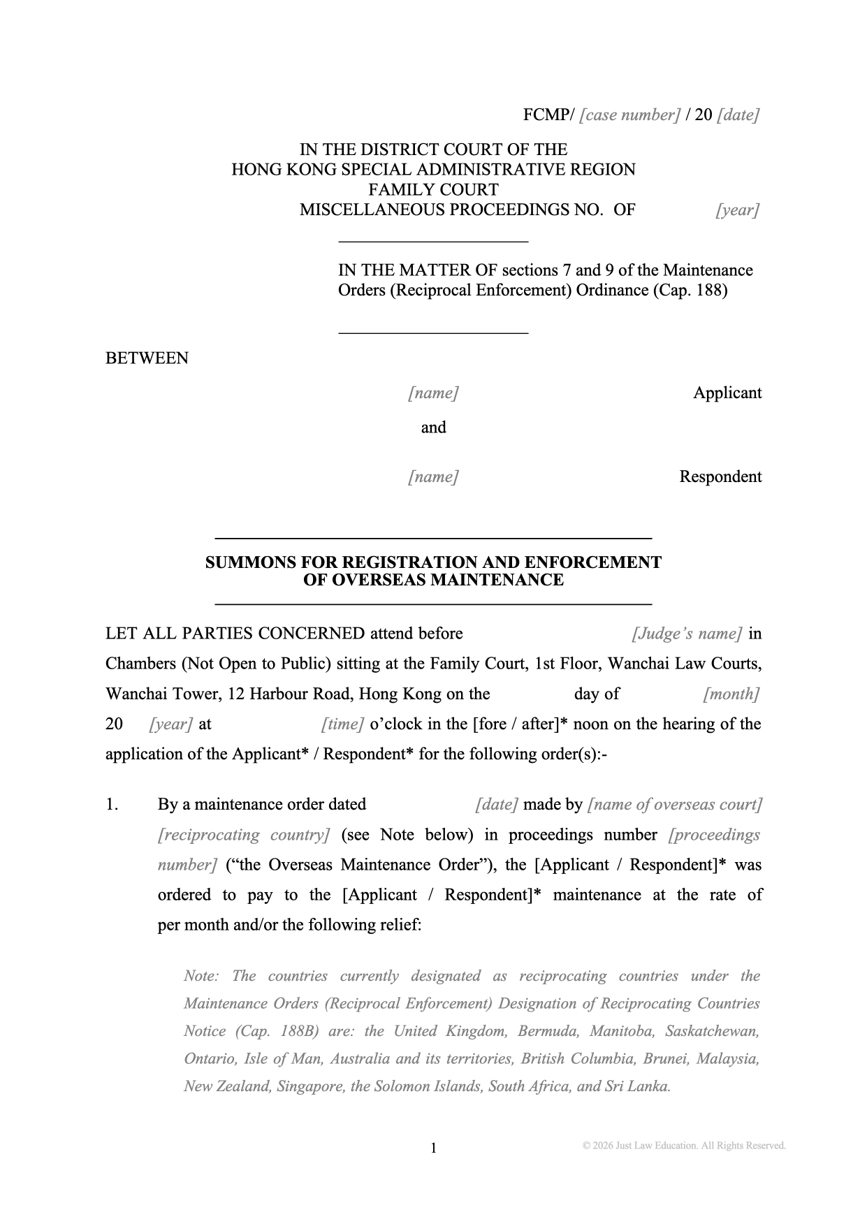 Form SUM-78: Summons — Registration of an Overseas Maintenance Order