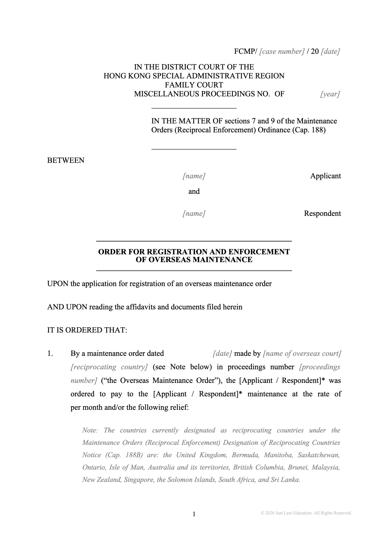 Form DO-91: Registration of an Overseas Maintenance Order