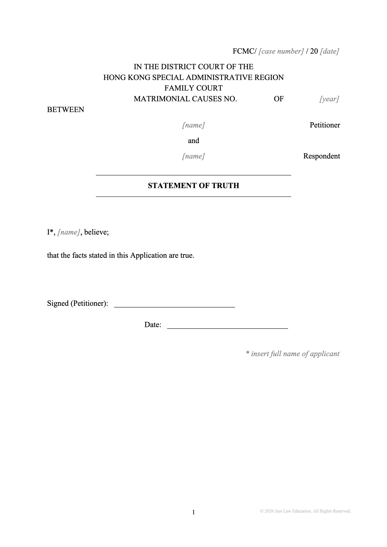 Form MISC-01: Statement of Truth (Matrimonial)
