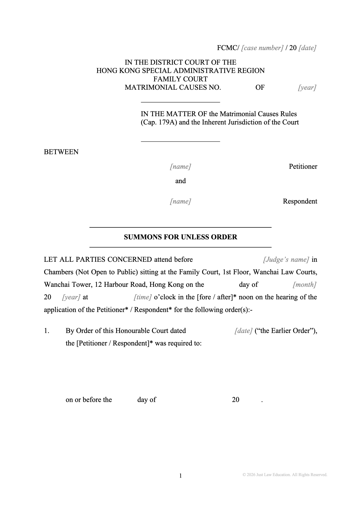 Form SUM-65: Summons — Unless Order (Matrimonial)