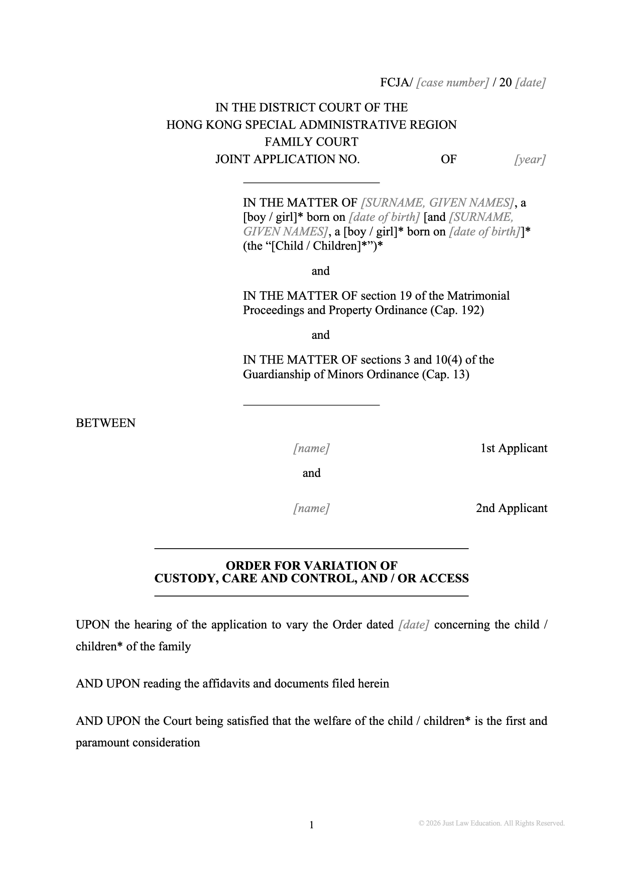 Form DO-14: Variation of Custody and Access Order (JA)