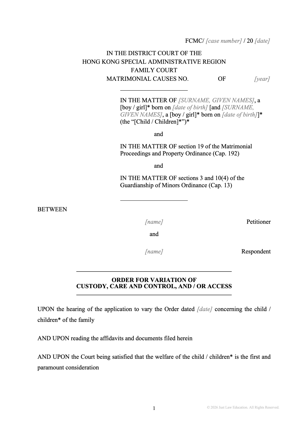 Form DO-15: Variation of Custody and Access Order (Matrimonial)