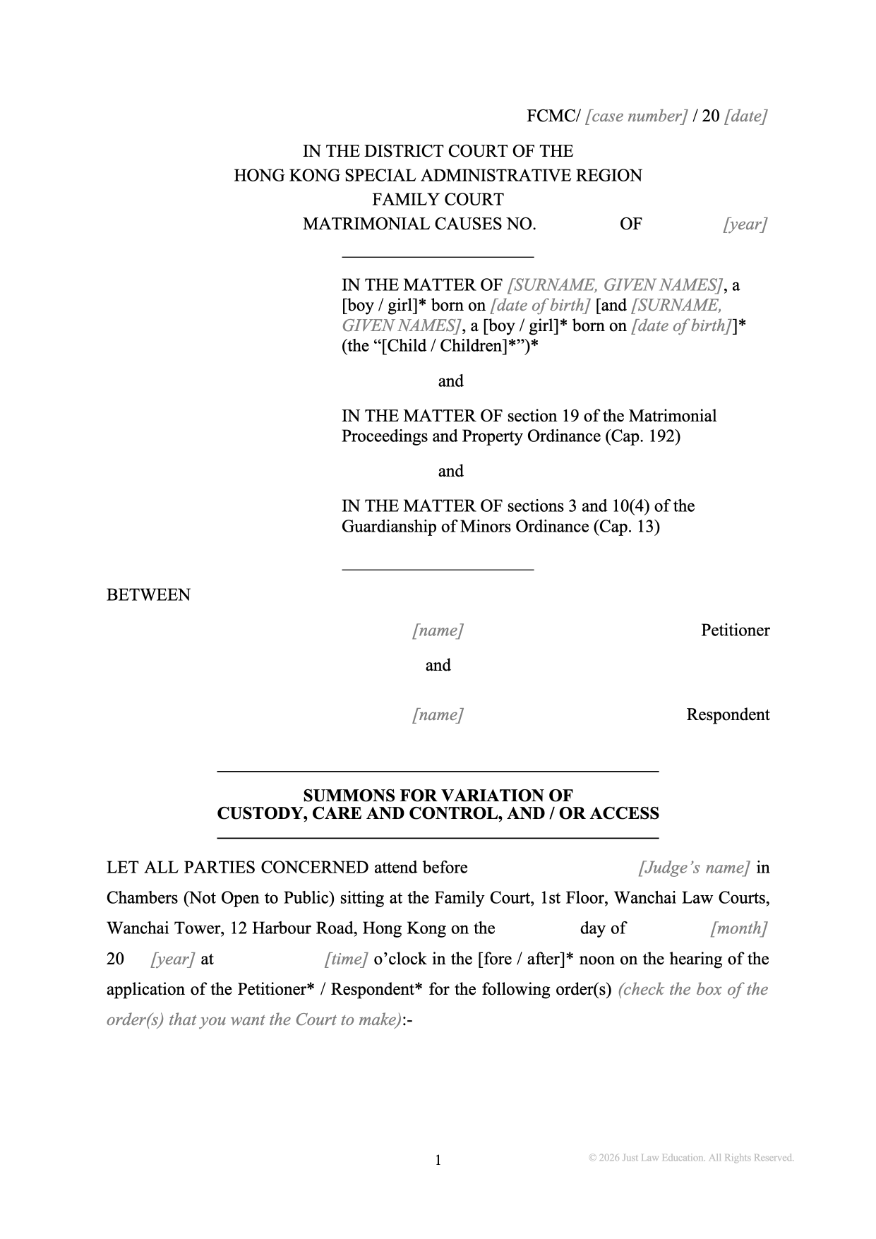 Form SUM-12: Summons — Variation of Custody and Access (Matrimonial)