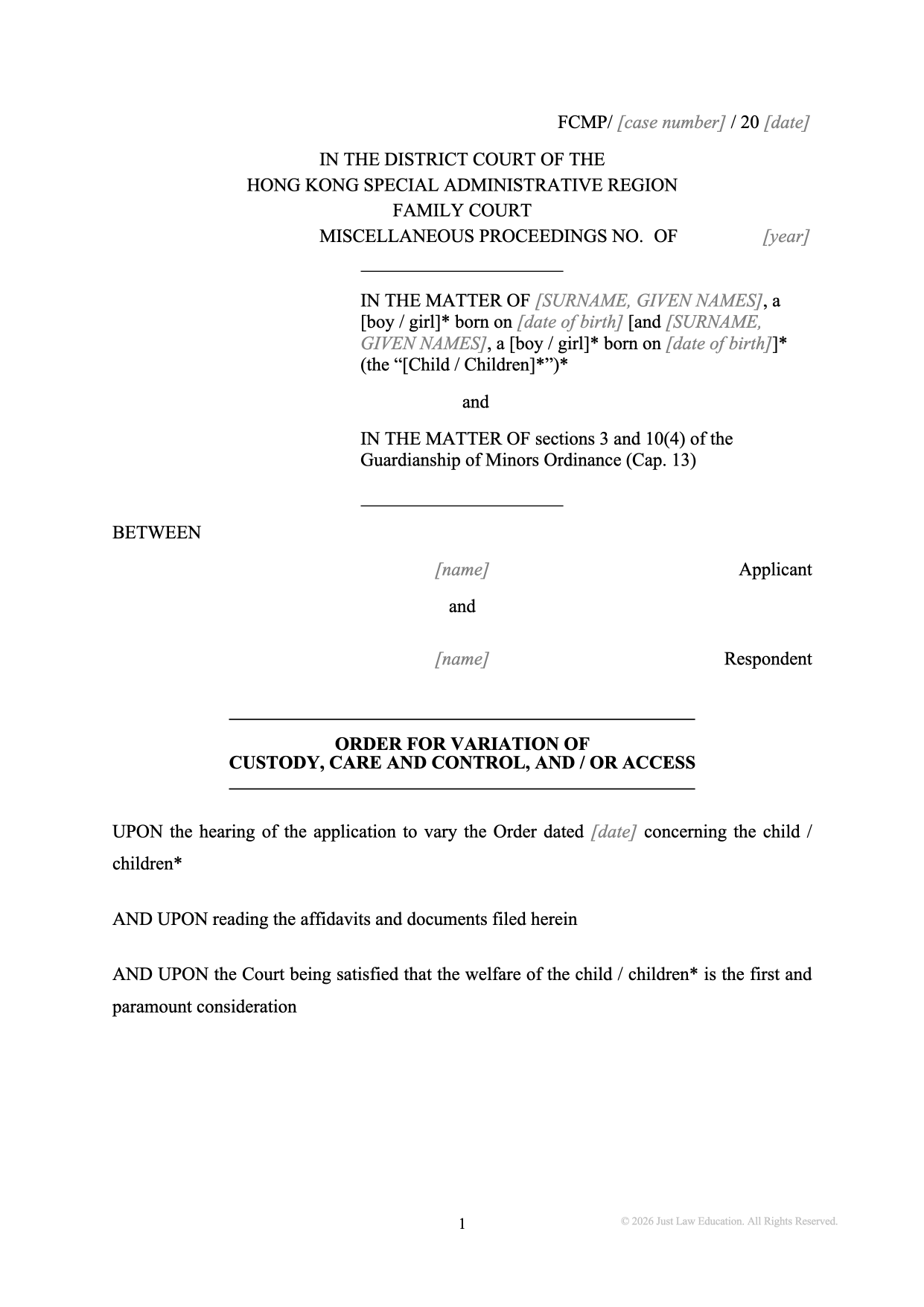 Form DO-16: Variation of Custody and Access Order (Unmarried)