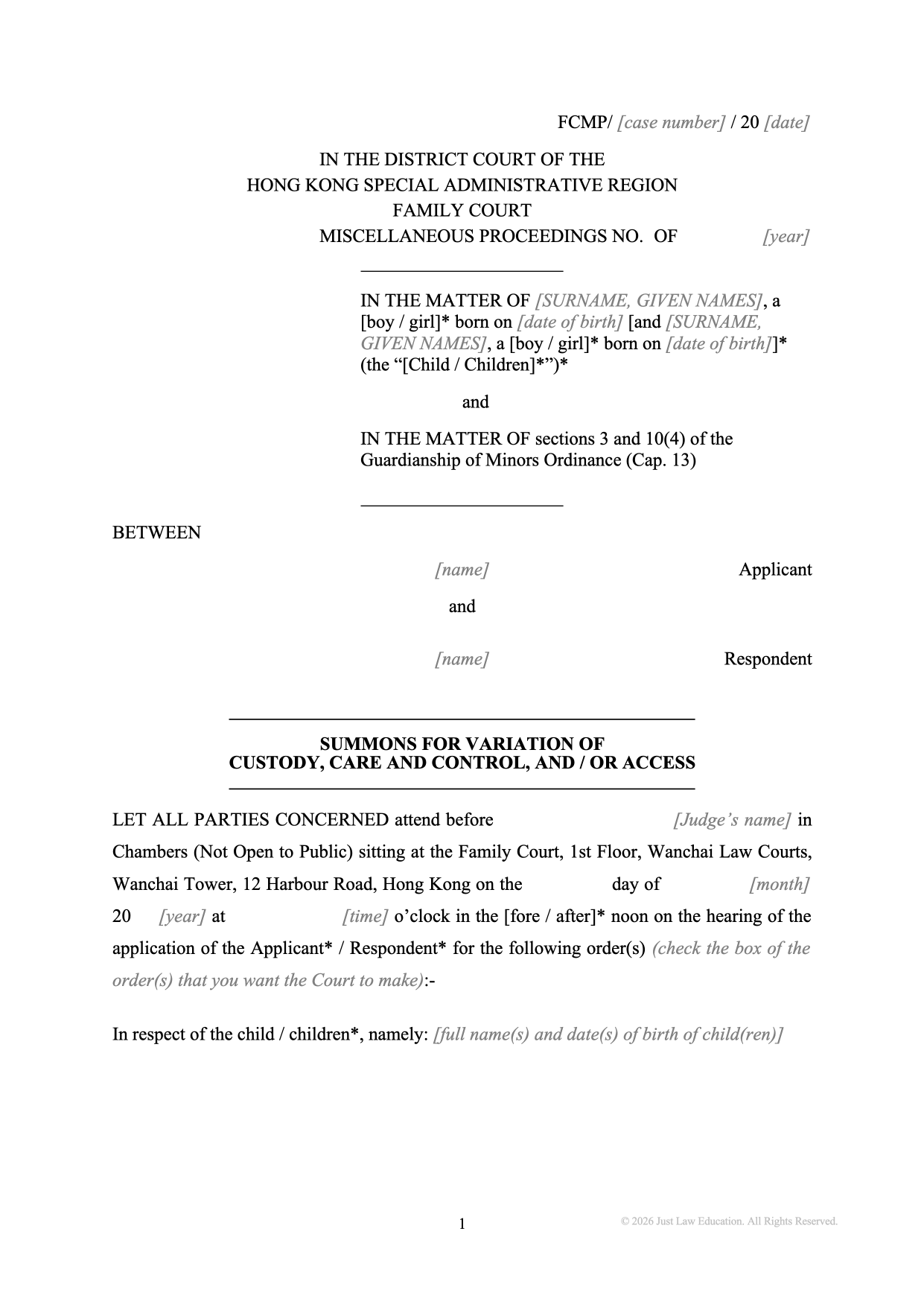 Form SUM-13: Summons — Variation of Custody and Access (Unmarried)