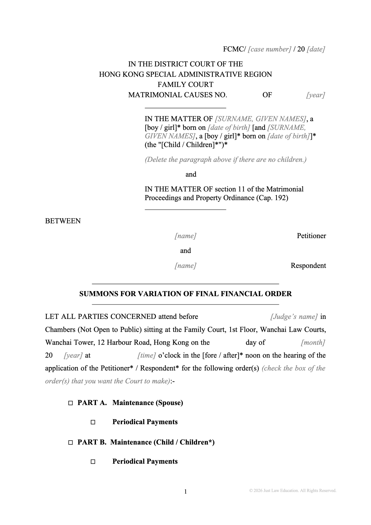 Form SUM-25: Summons — Variation of Final Financial Order (Matrimonial)