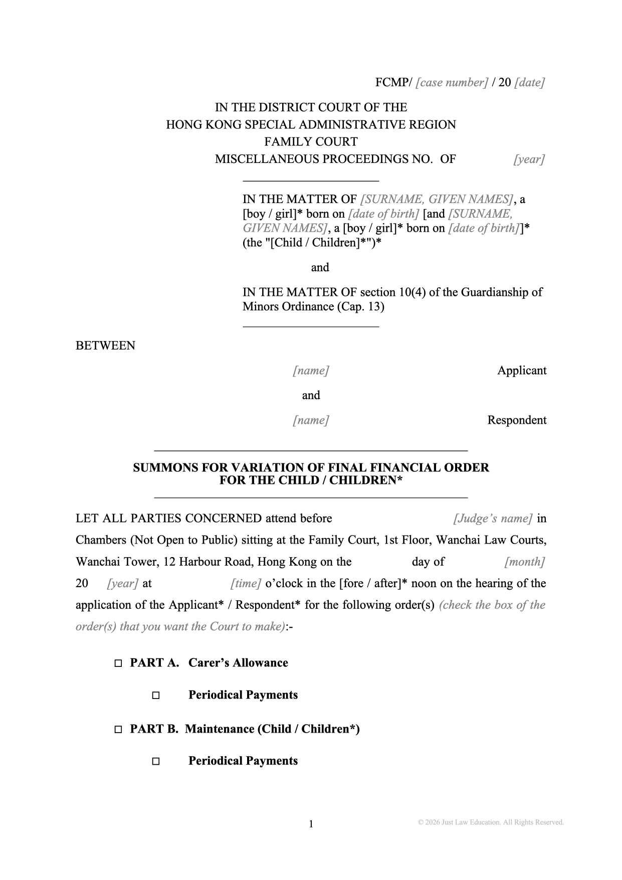 Form SUM-26: Summons — Variation of Final Financial Order (Unmarried)