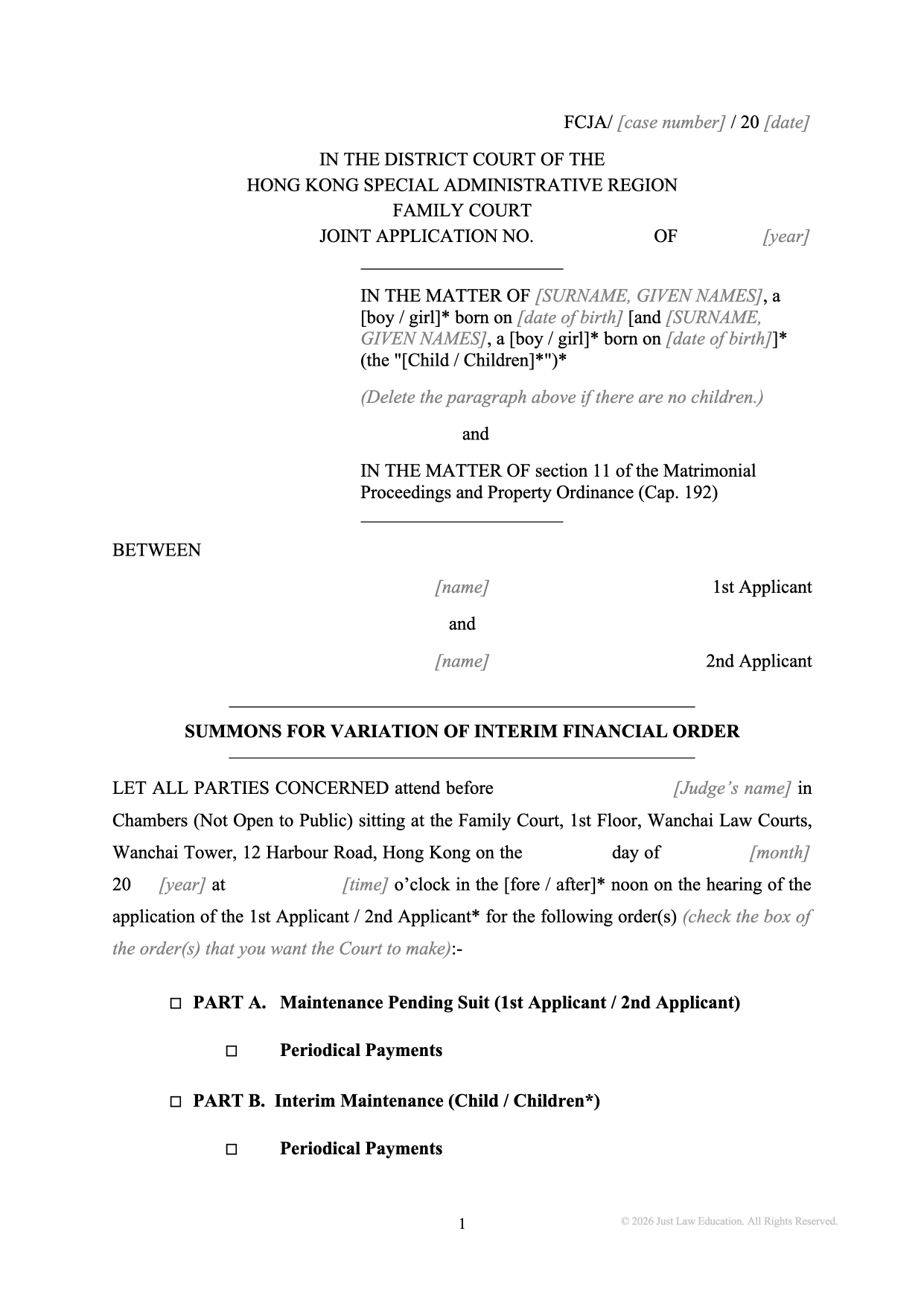 Form SUM-27: Summons — Variation of Interim Financial Order (JA)