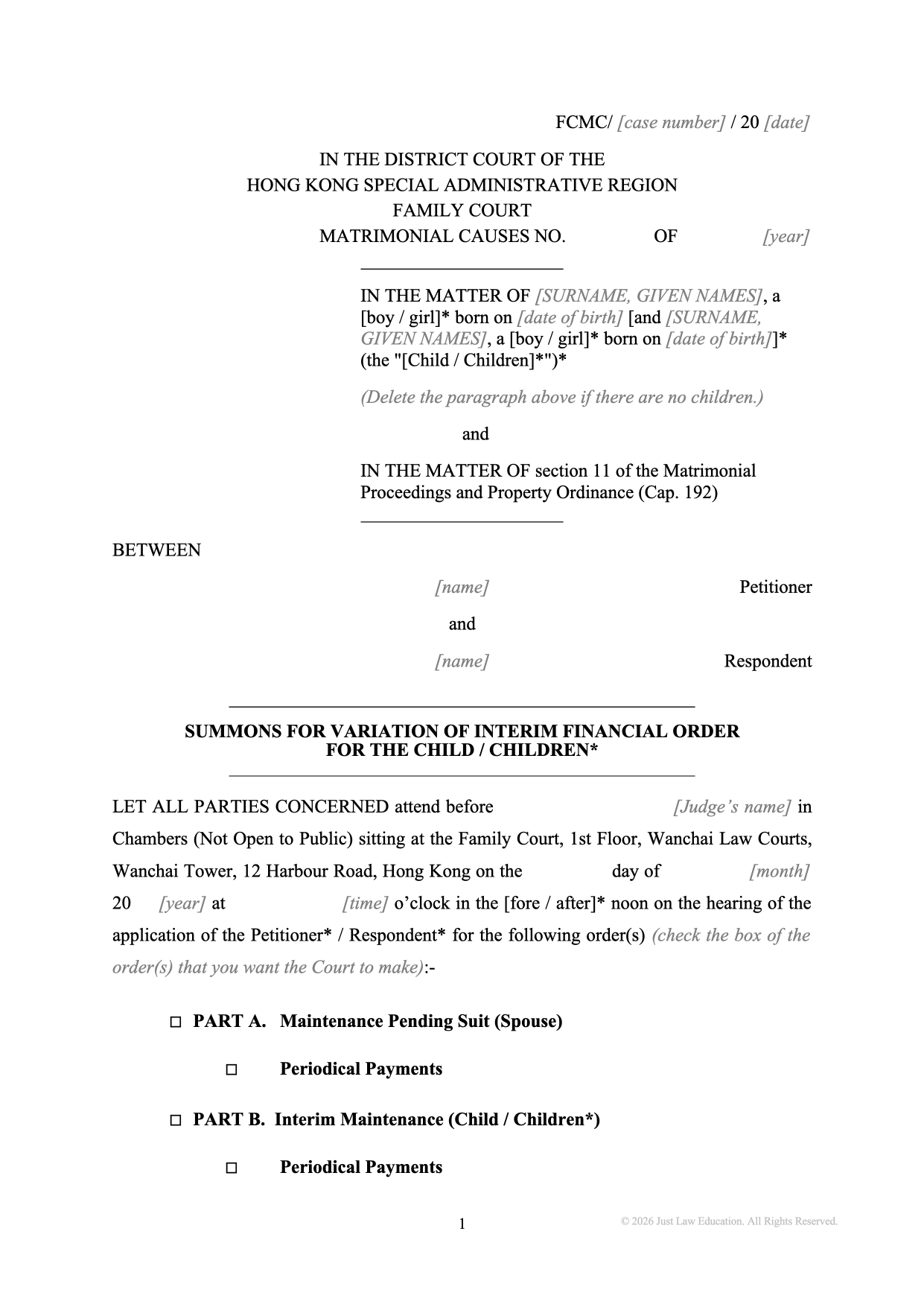Form SUM-28: Summons — Variation of Interim Financial Order (Matrimonial)