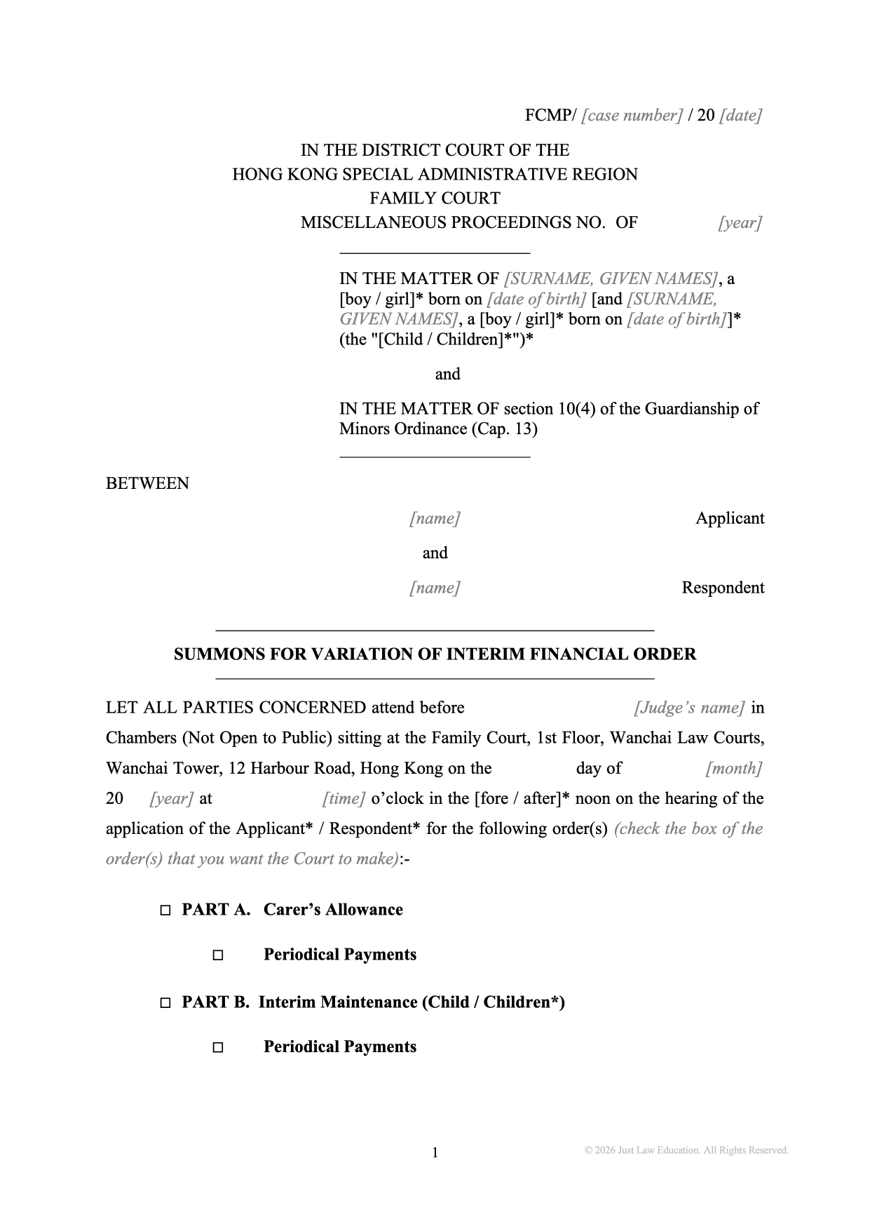 Form SUM-29: Summons — Variation of Interim Financial Order (Unmarried)