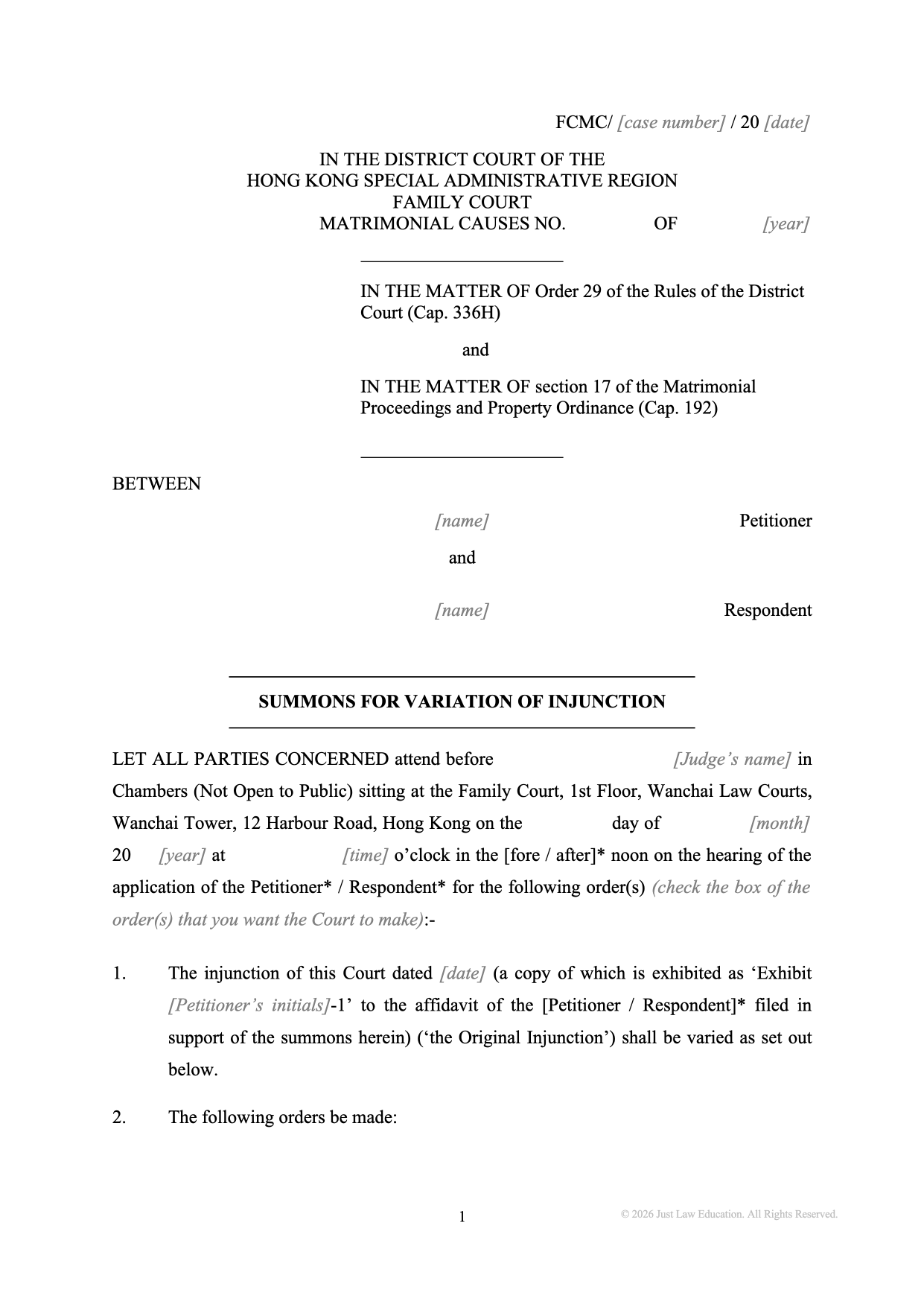 Form SUM-47: Summons — Variation of an Injunction (Matrimonial)
